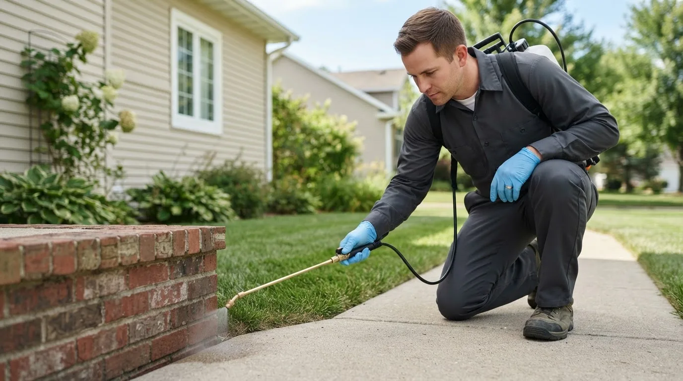 Pest control technician treating a home near Del City, OK